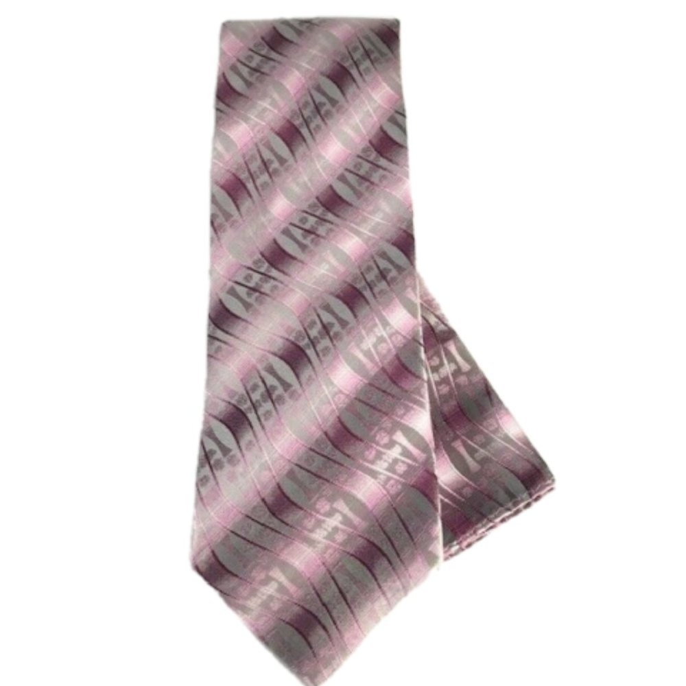 Bruno Conte' Men's Tie Hanky Set Pink Gray Fuchsia 100% Silk 3.75" Wide